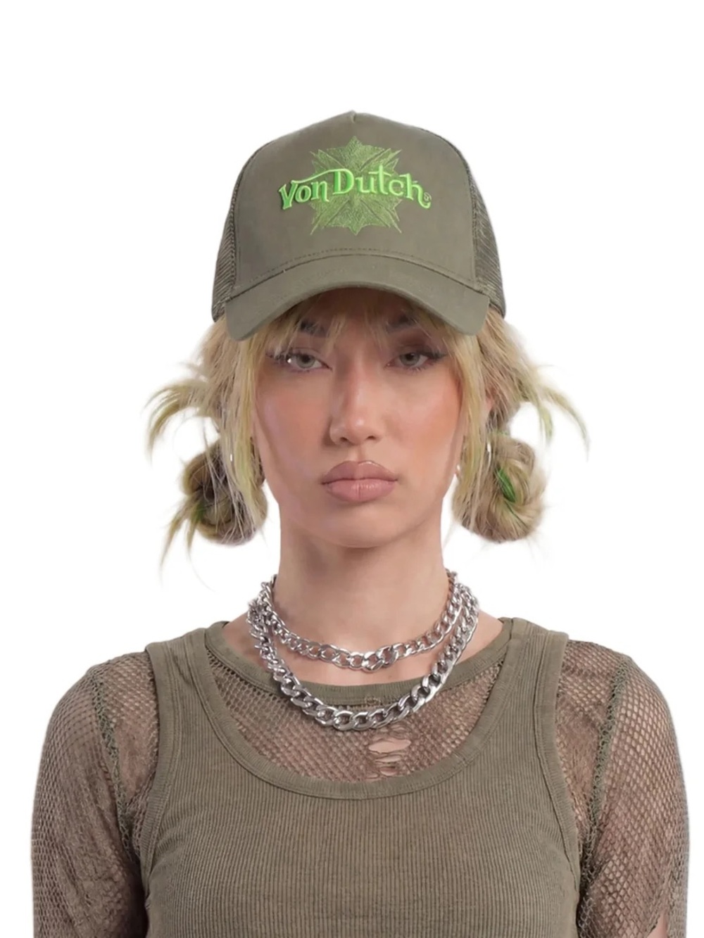 Von Dutch Olive Green Trucker Cap with Neon Green Logo